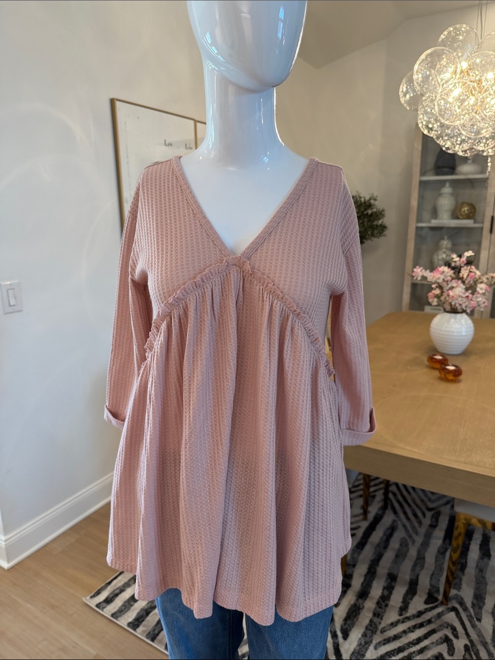 Women's Blush V-Neck Textured Babydoll Tunic